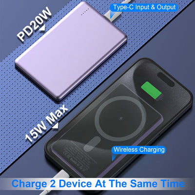 2 In 1 5000mAh 8MM Slim MagSafe Wireless Power Bank PD20W Magnetic Fast Charger Portable Phone Charger Fit For IOS Phone 15 14 13 12 Series And More